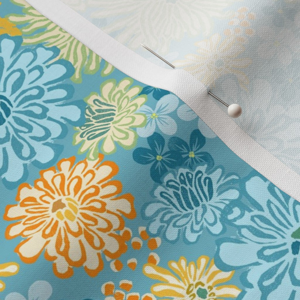 Zinnia and Snap Dragon Floral Teal Blue