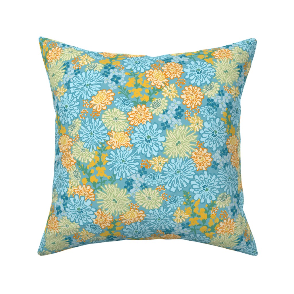 Zinnia and Snap Dragon Floral Teal Blue