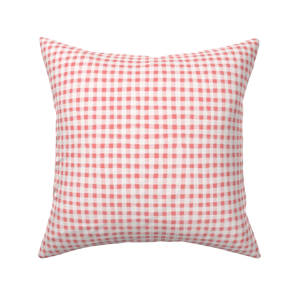 Hand Painted Gingham Fabric by the Yard Coral Pink
