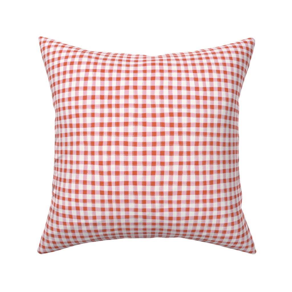 Hand Painted Gingham Fabric by the Yard Orange and Pink