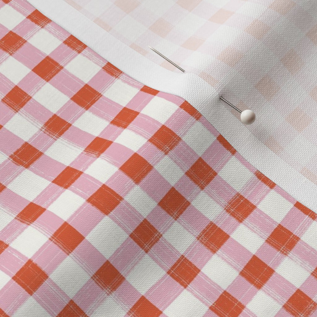 Hand Painted Gingham Fabric by the Yard Orange and Pink