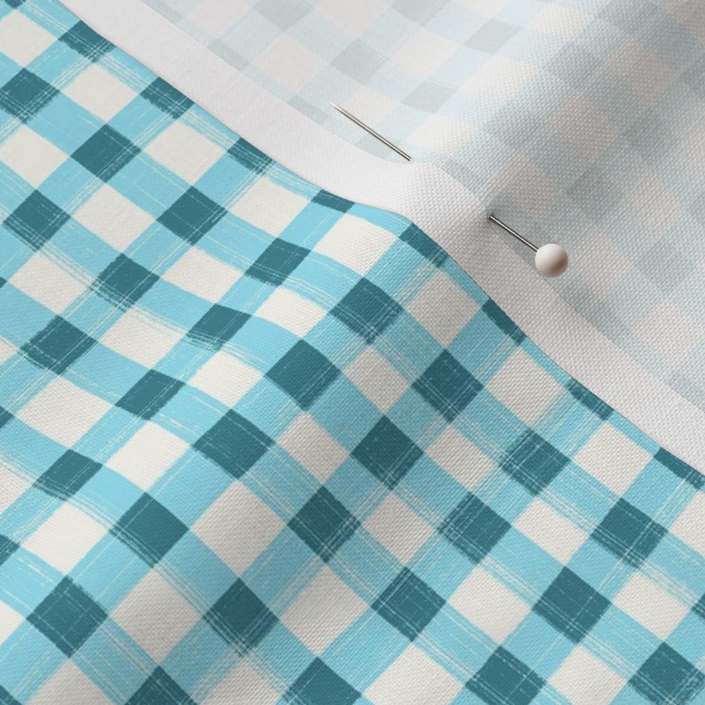 Hand Painted Gingham Fabric by the Yard Turquoise Blue