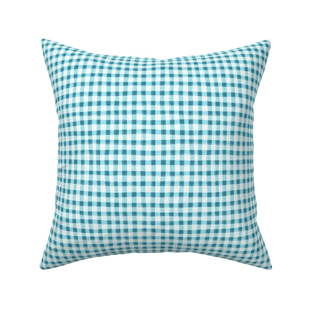 Hand Painted Gingham Fabric by the Yard Turquoise Blue