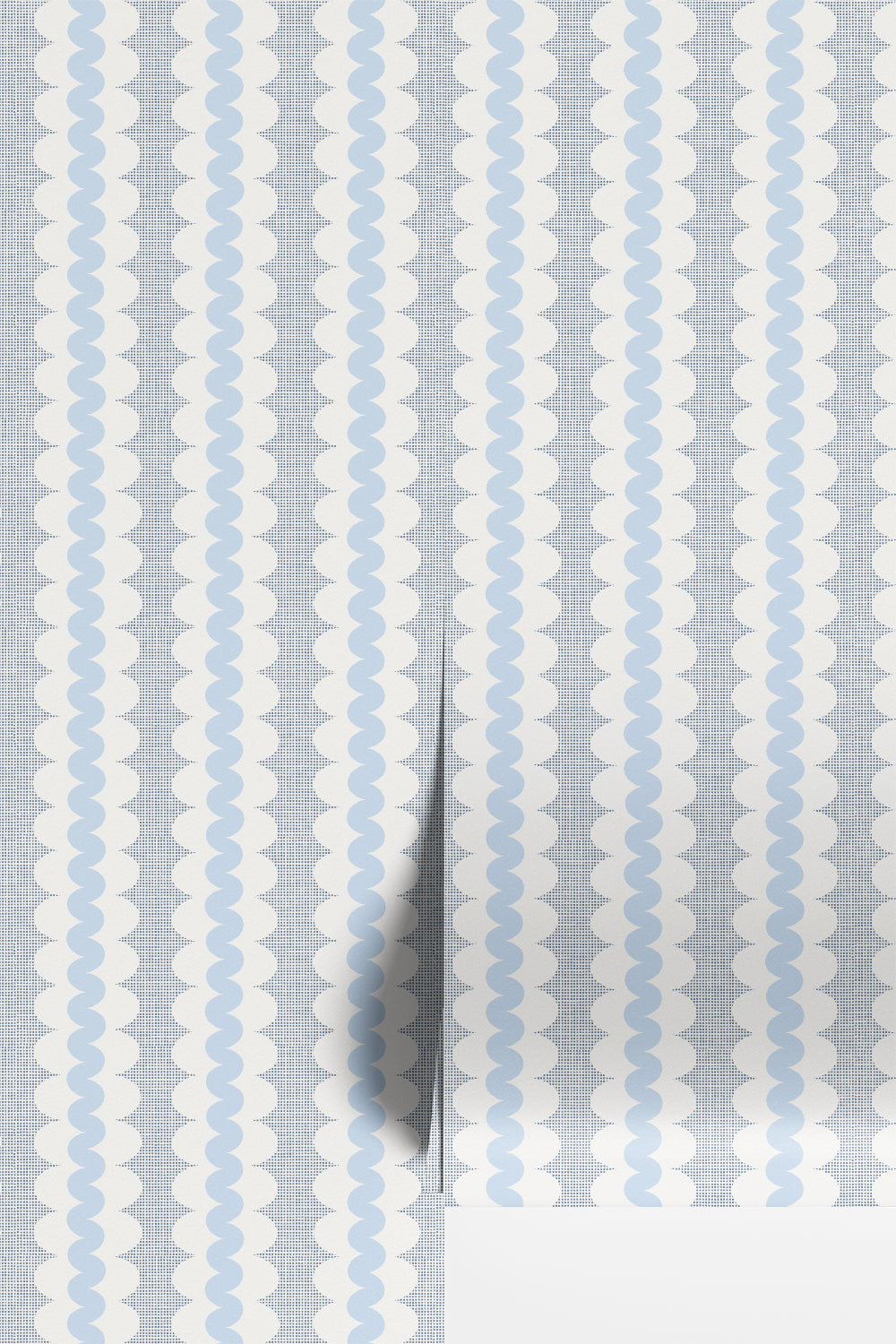 Light blue and white patterned wallpaper with vertical wavy stripes and a subtle grid texture, shown partially rolled to reveal a white backing layer.