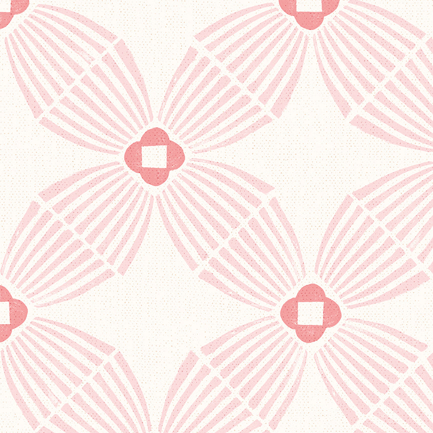 A repeating geometric pattern featuring pink stylized flower or fan motifs on a warm off-white background.