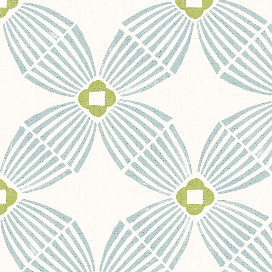 A repeating geometric pattern featuring mint green stylized floral or fan-like motifs with lime green centers on a white background.