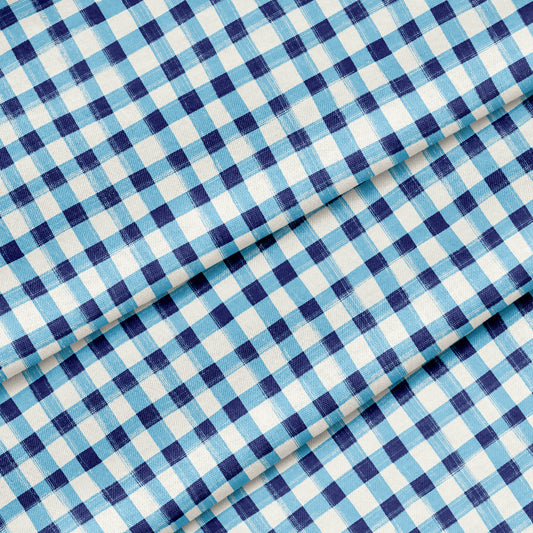 Hand Painted Gingham Fabric by the Yard Cobalt Blue