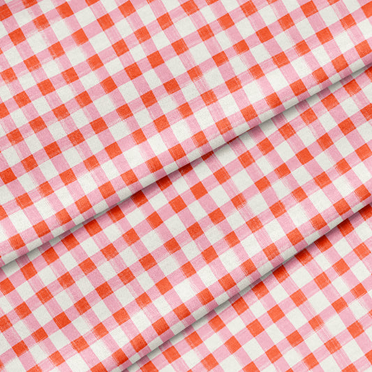 Hand Painted Gingham Fabric by the Yard Orange and Pink