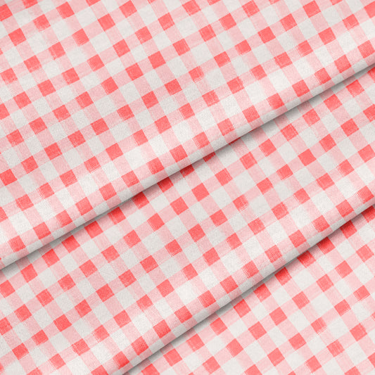 Hand Painted Gingham Fabric by the Yard Coral Pink