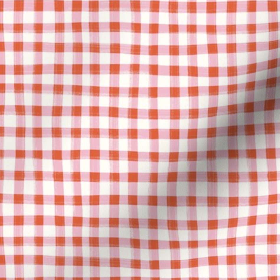 Hand Painted Gingham Fabric by the Yard Coral Pink