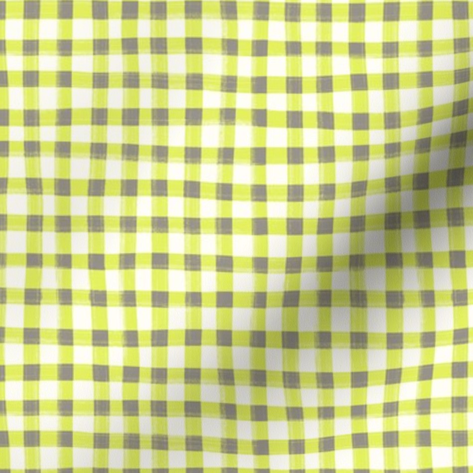 Hand Painted Gingham Fabric by the Yard Neon Green and Gray
