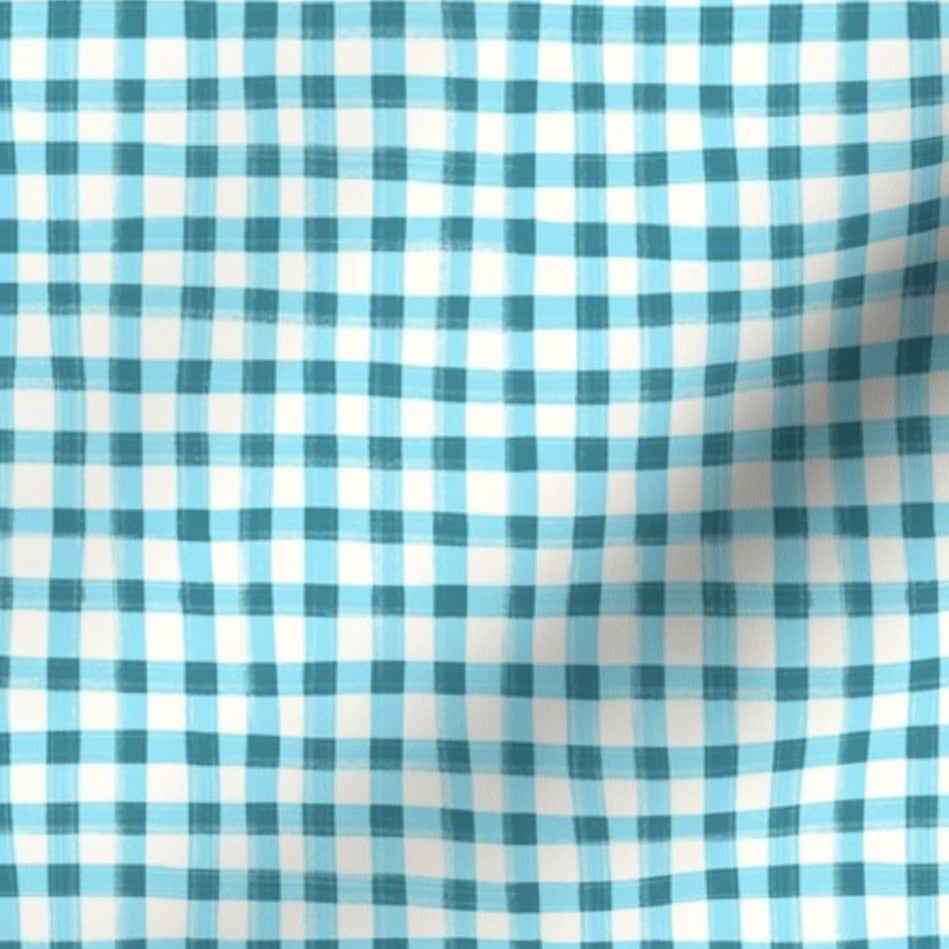 Hand Painted Gingham Fabric by the Yard Turquoise Blue