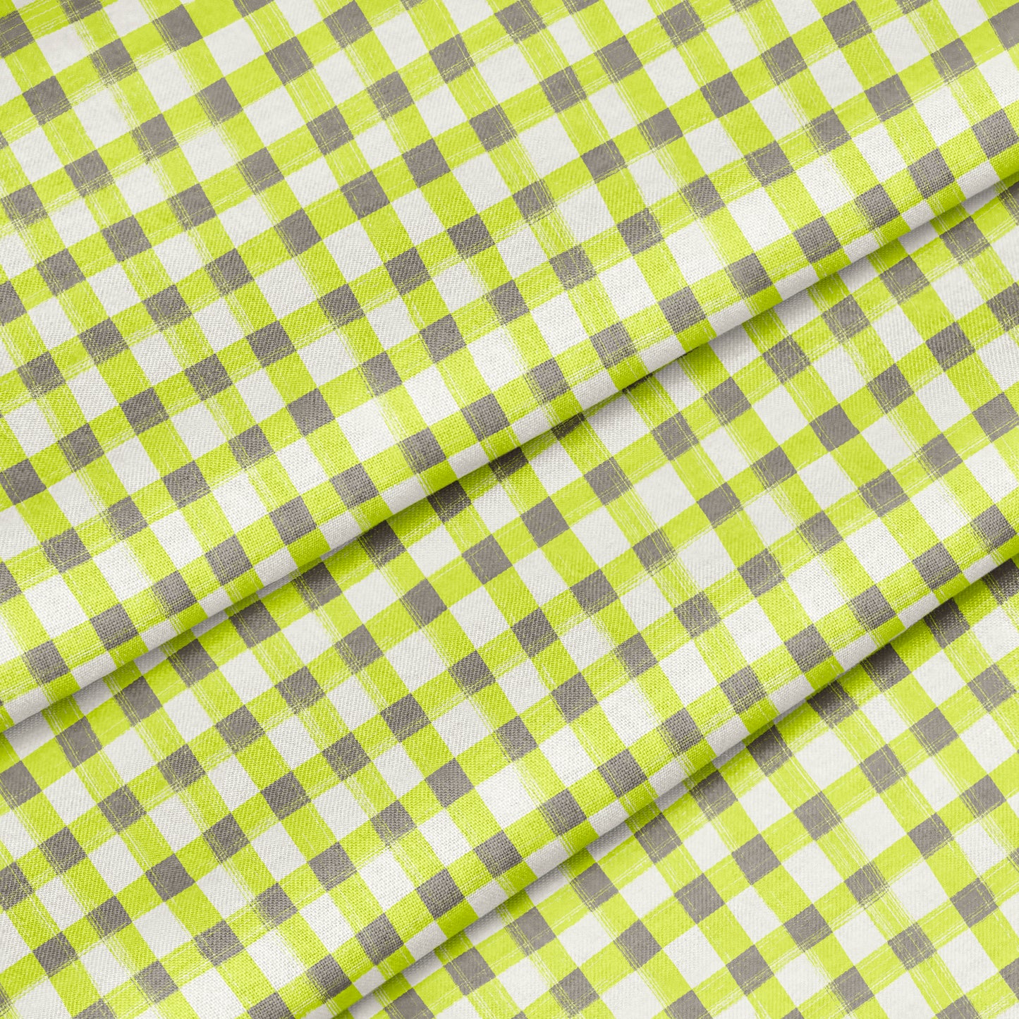 Hand Painted Gingham Fabric by the Yard Neon Green and Gray