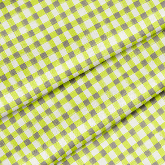 Hand Painted Gingham Fabric by the Yard Neon Green and Gray