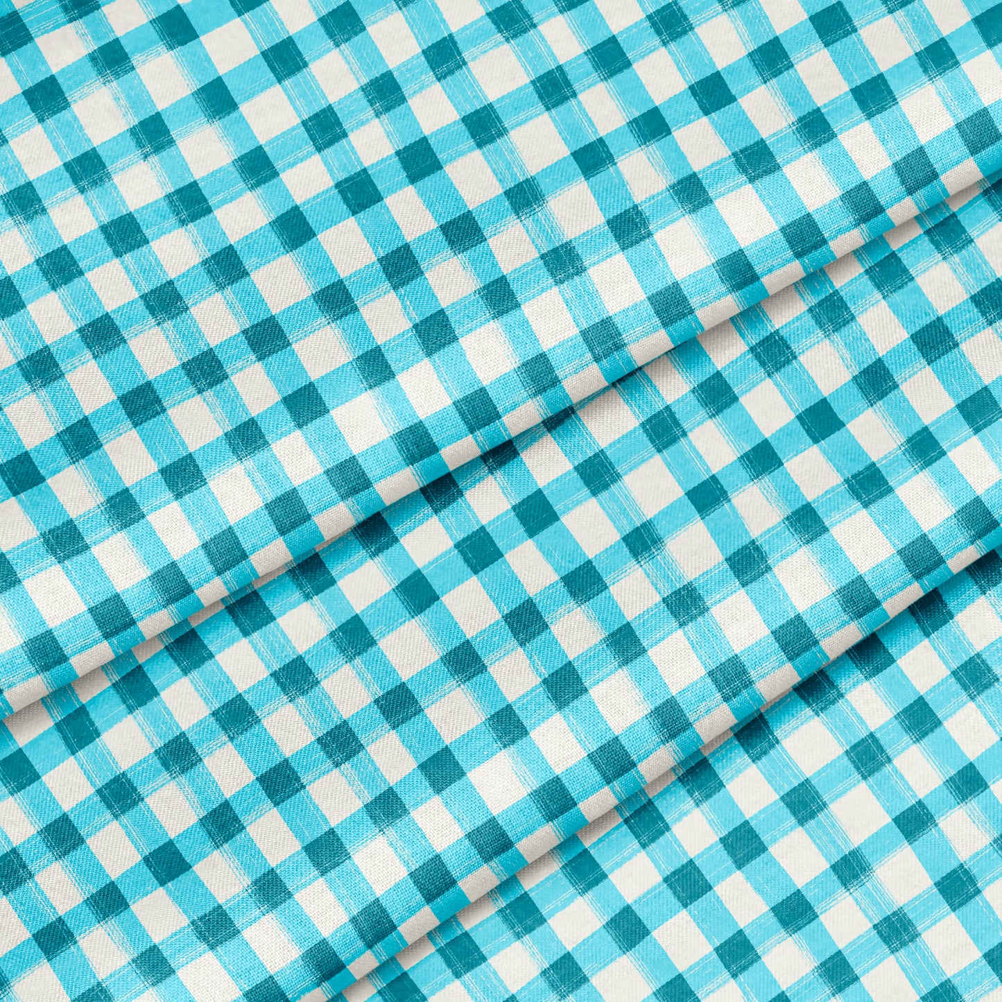 Hand Painted Gingham Fabric by the Yard Turquoise Blue