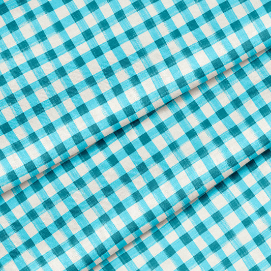 Hand Painted Gingham Fabric by the Yard Turquoise Blue
