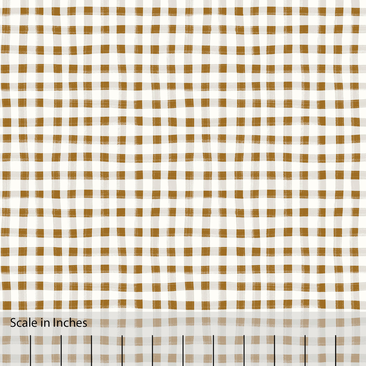 Gingham plaid patterned fabric in brown, gray and off white. There is an inch scale overlaid at the bottom for visual reference.