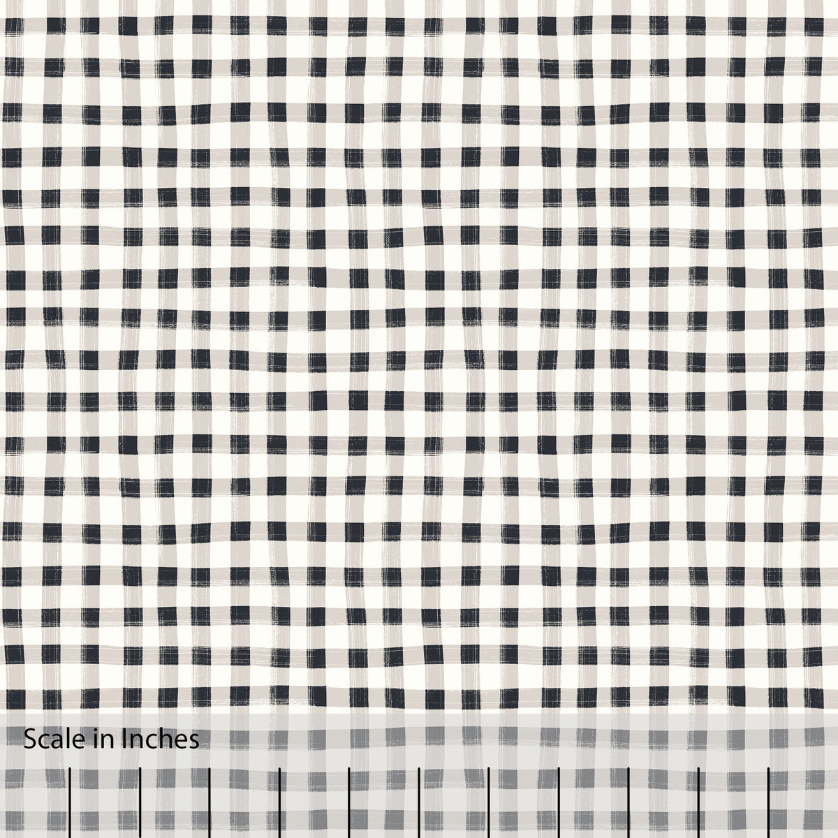 Gingham plaid patterned fabric in charcoal black, gray and off white. There is an inch scale overlaid at the bottom for visual reference.