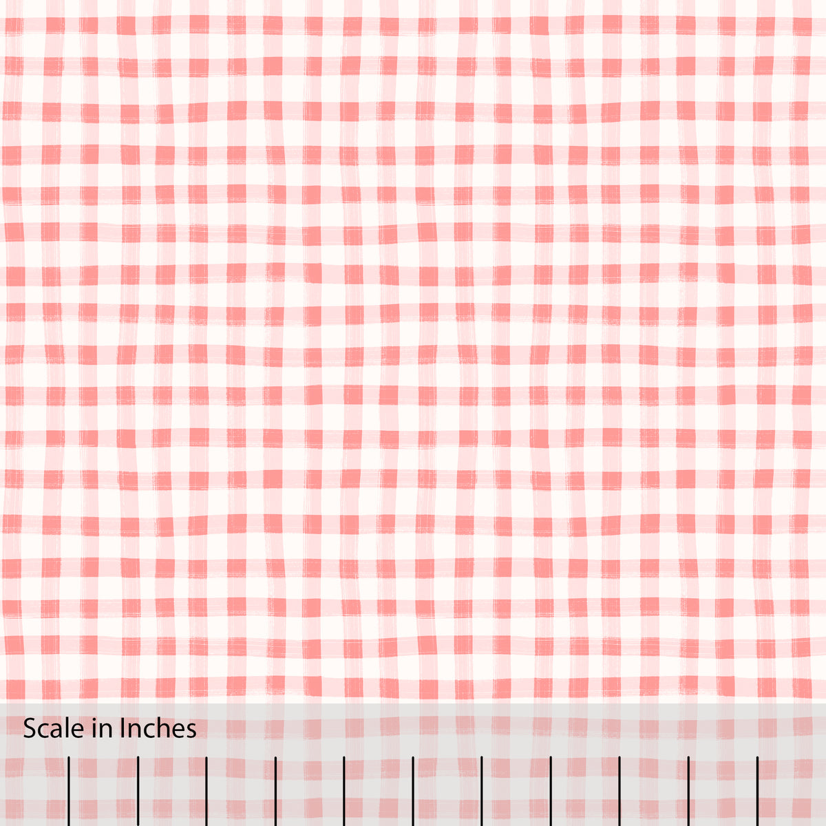 Gingham plaid patterned fabric in coral pink and off white. There is an inch scale overlaid at the bottom for visual reference.