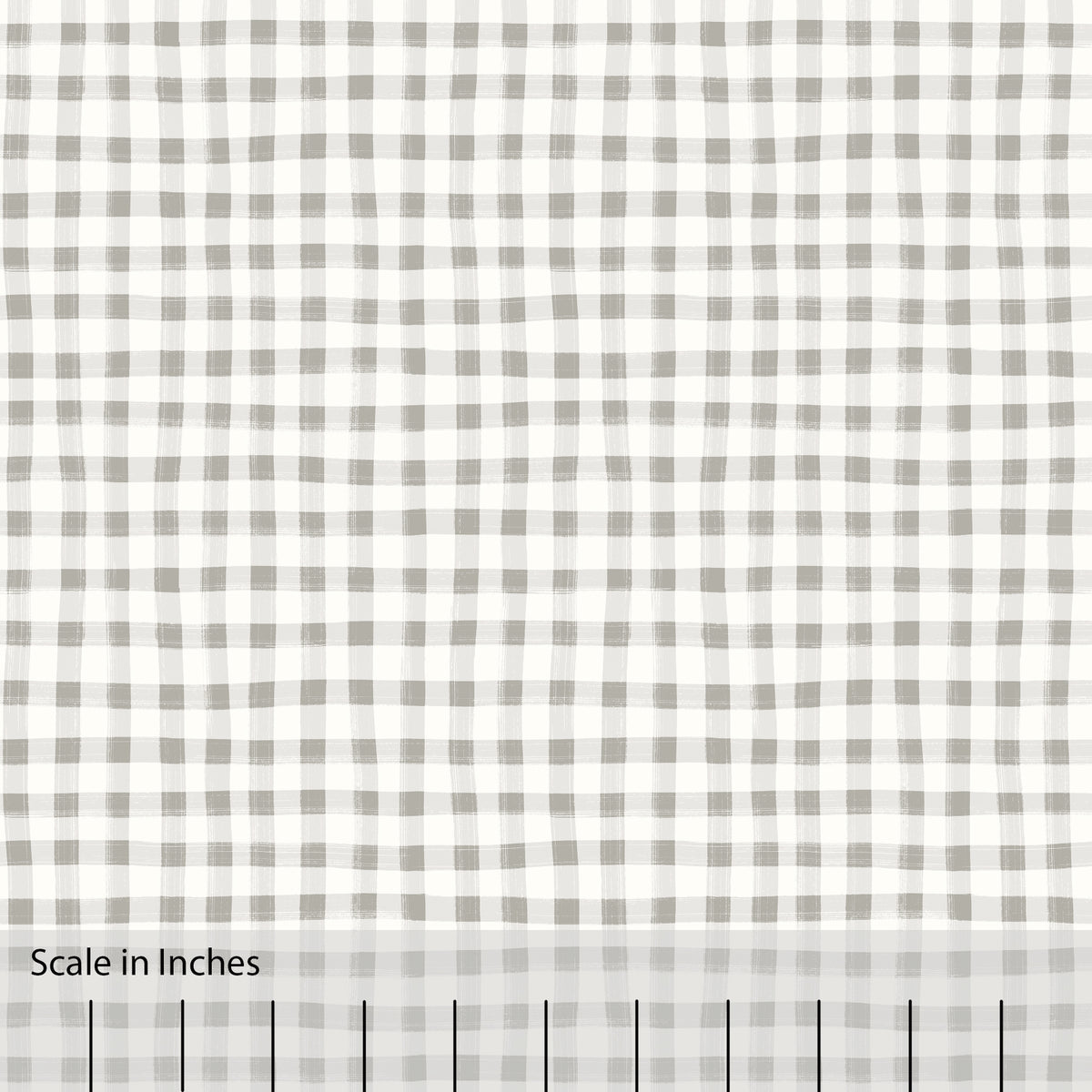 Gingham plaid patterned fabric in fog gray and off white. There is an inch scale overlaid at the bottom for visual reference.