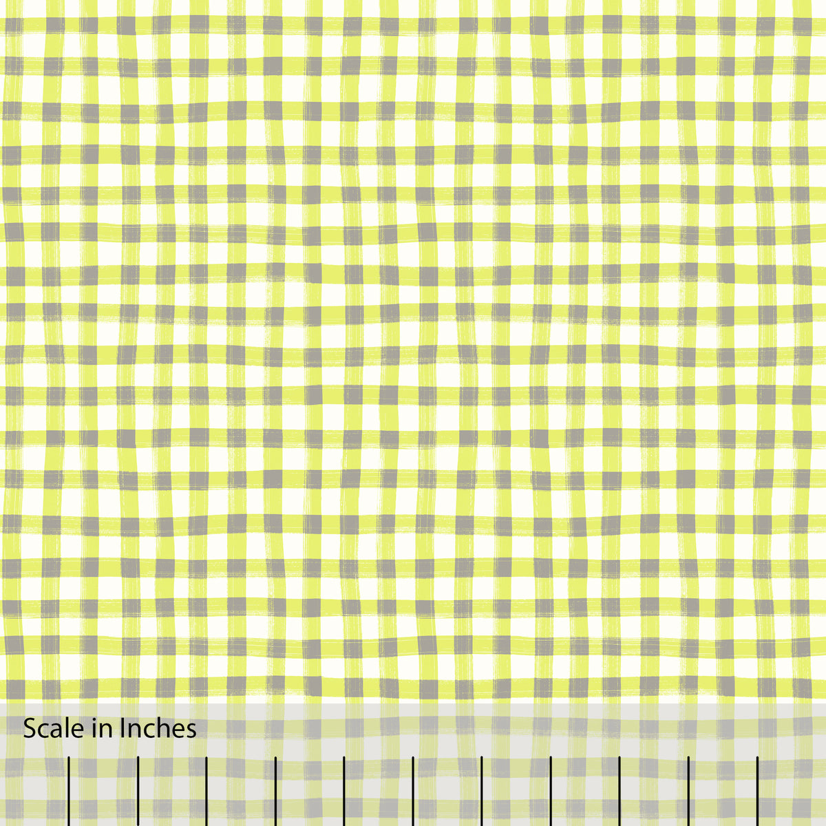Gingham plaid patterned fabric in neon green, gray and off white. There is an inch scale overlaid at the bottom for visual reference.