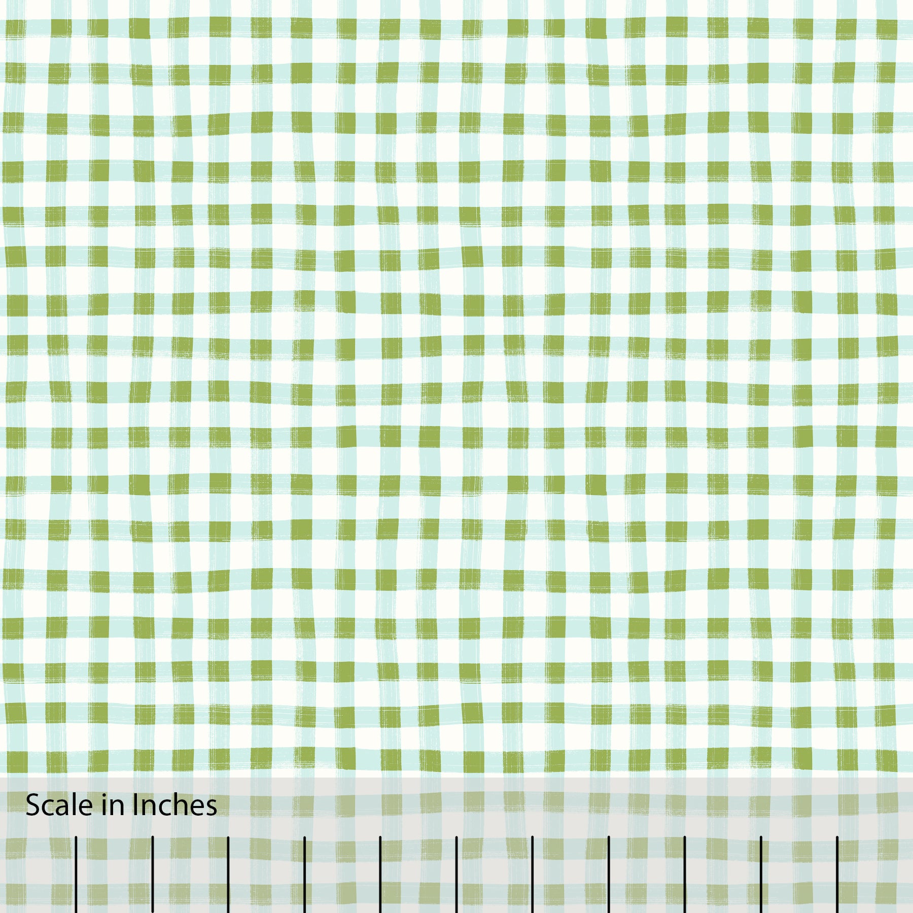 Gingham plaid patterned fabric in olive green, aqua and off white. There is an inch scale overlaid at the bottom for visual reference.