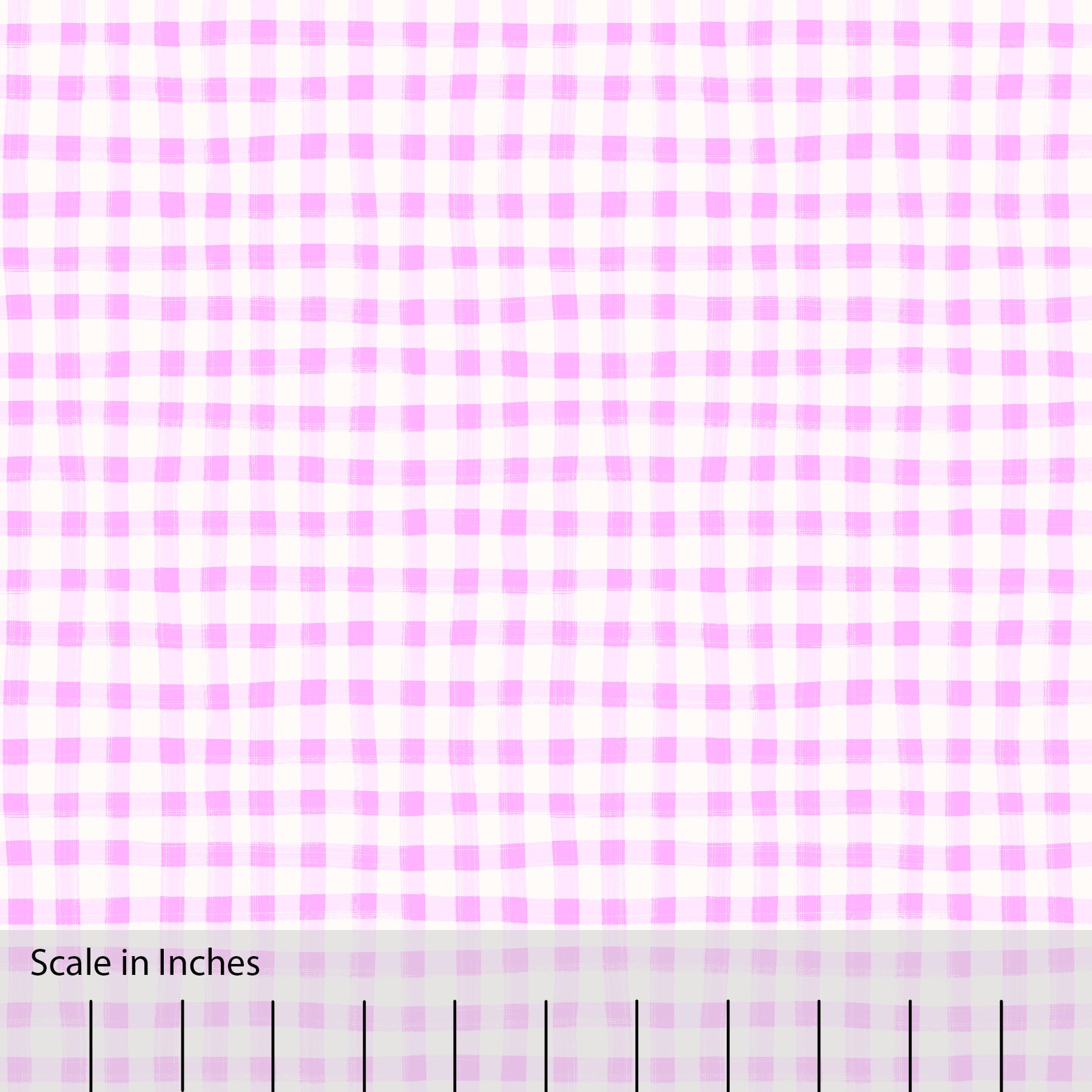 Gingham plaid patterned fabric in radiant orchid and off white. There is an inch scale overlaid at the bottom for visual reference.