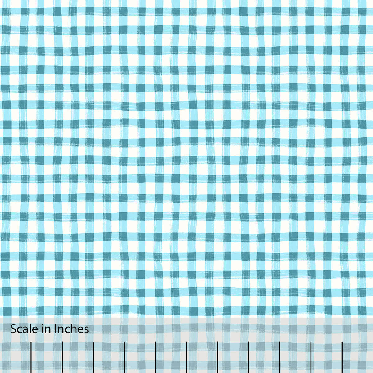 Gingham plaid patterned fabric in turquoise and off white. There is an inch scale overlaid at the bottom for visual reference.