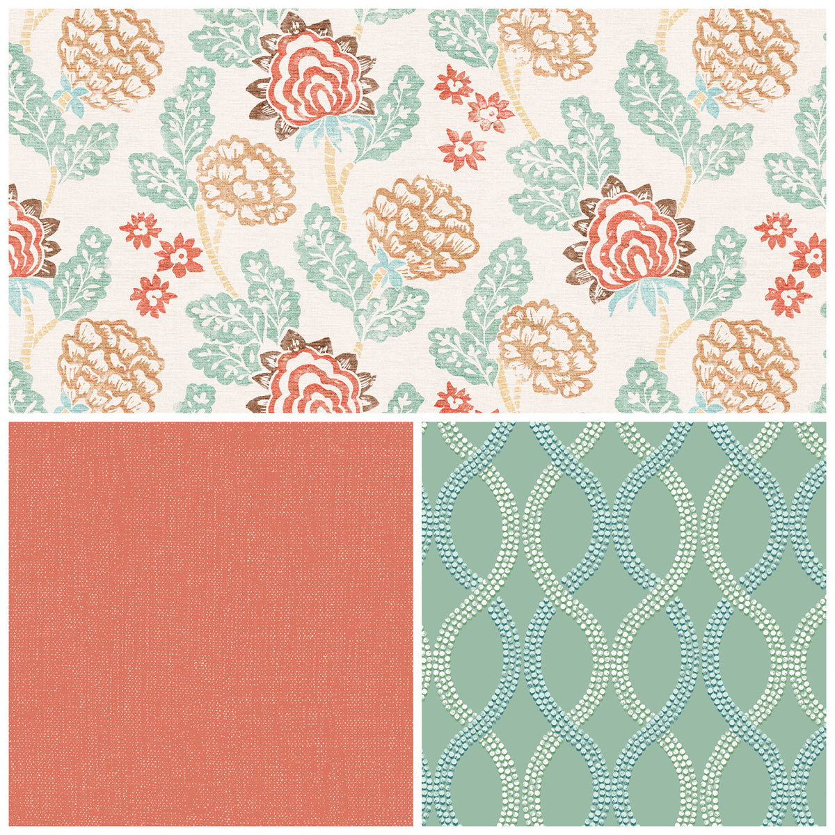 A fabric swatch collage showing three textile samples: a cream floral print with coral, tan, and mint green motifs; a solid coral fabric swatch; and a mint green pattern with white dotted interlocking arches.
