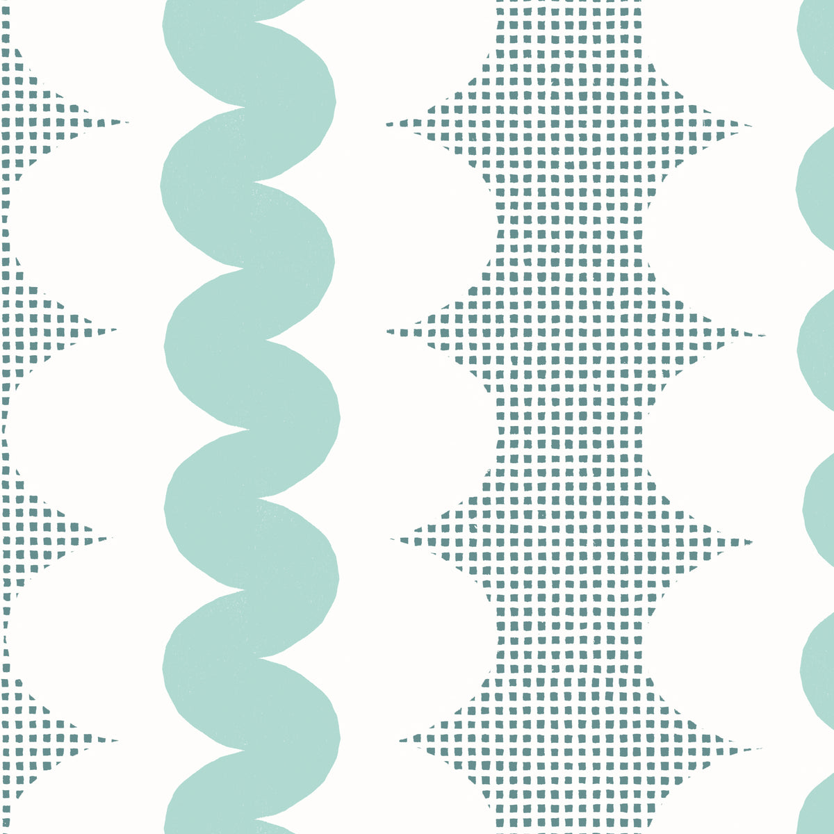 A repeating geometric pattern featuring mint green wavy vertical stripes, dotted square grid, and white oval forms on a white background.
