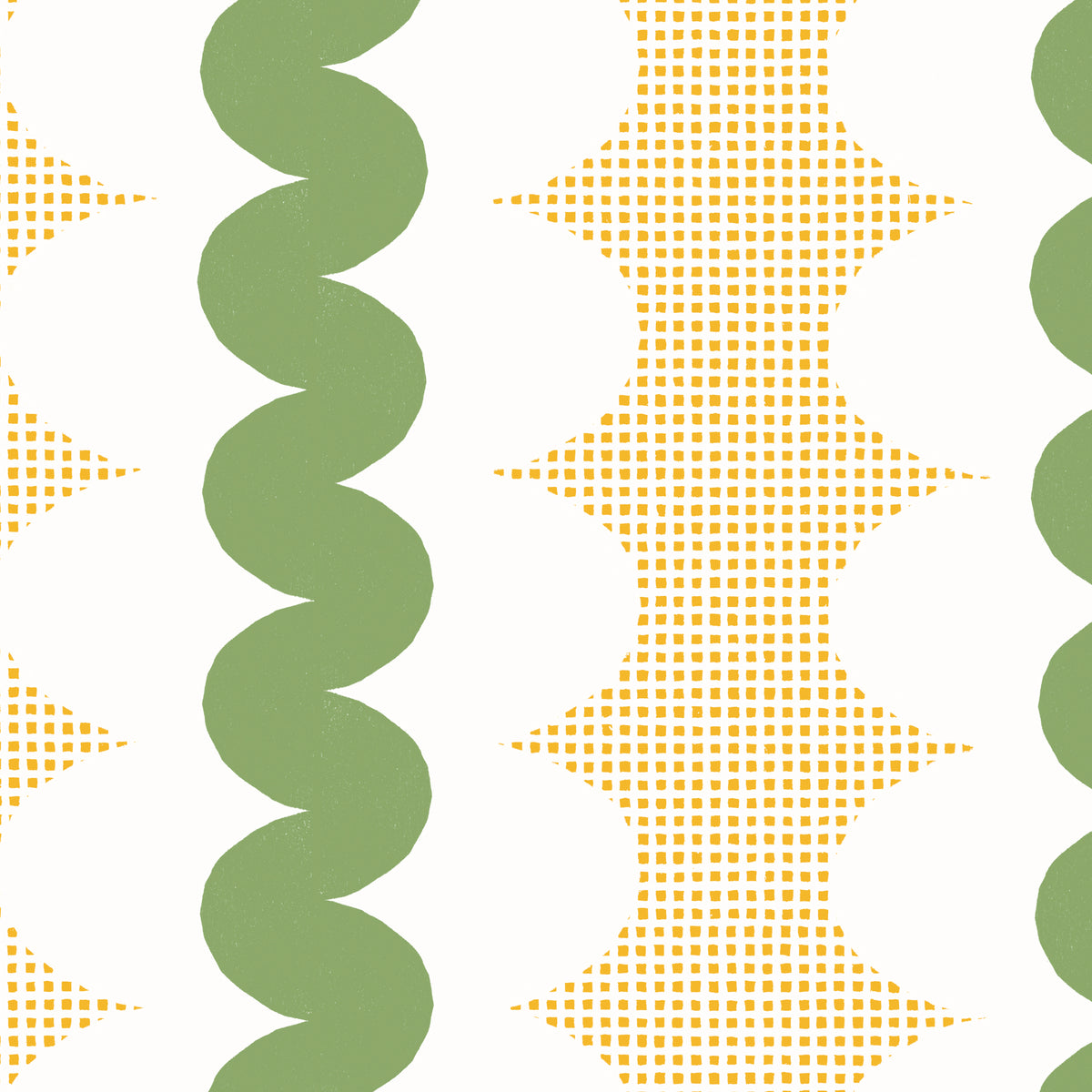 A repeating mid-century modern pattern featuring vertical stripes with olive green wavy bands, dotted yellow square shapes, and white scalloped arches on a white background.