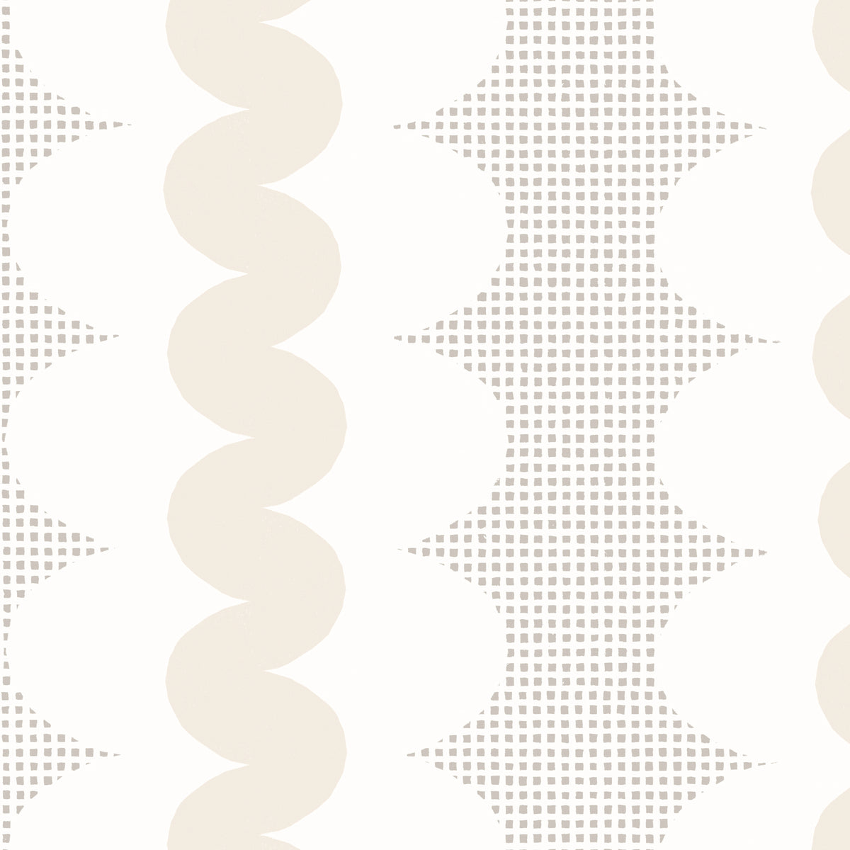 A repeating geometric pattern featuring vertical wavy beige stripes, a square grid and white oval forms on a warm off-white background.