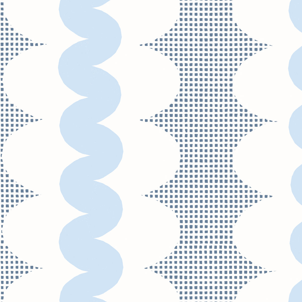 A repeating abstract pattern with vertical bands of light blue wavy shapes, white rounded shapes, and blue square grids on a white background.