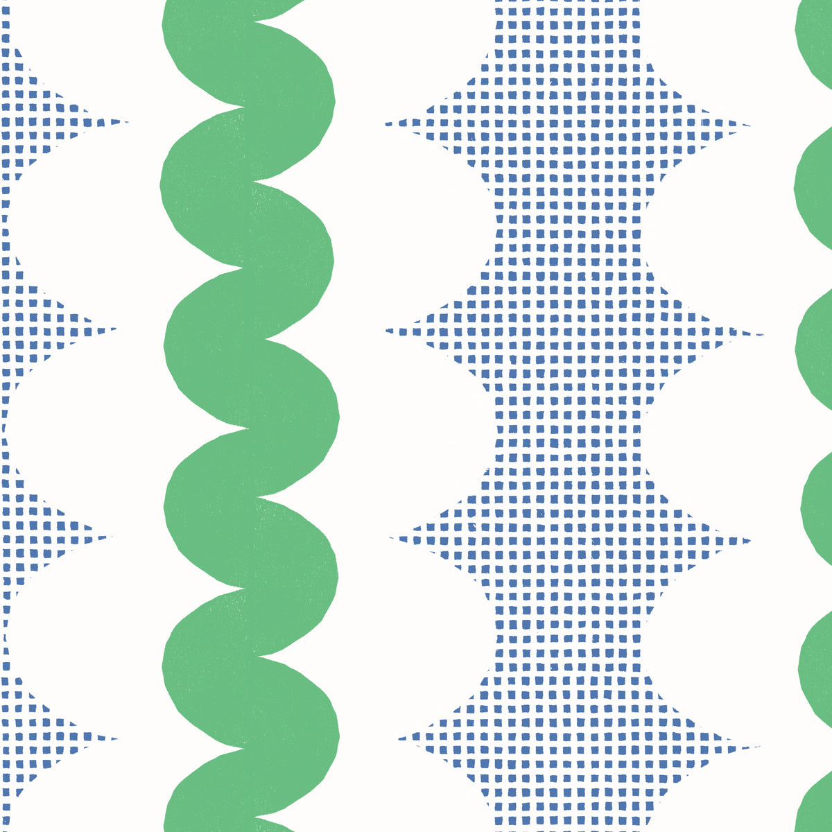 A repeating geometric pattern featuring vertical stripes with green wavy bands, blue square shapes, and white curved scallops on a white background.