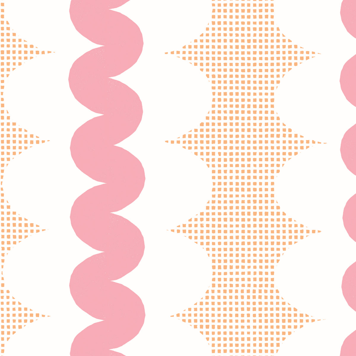 A repeating geometric pattern featuring vertical pink wavy stripes, peach square grid shapes, and white scalloped arches on a white background.