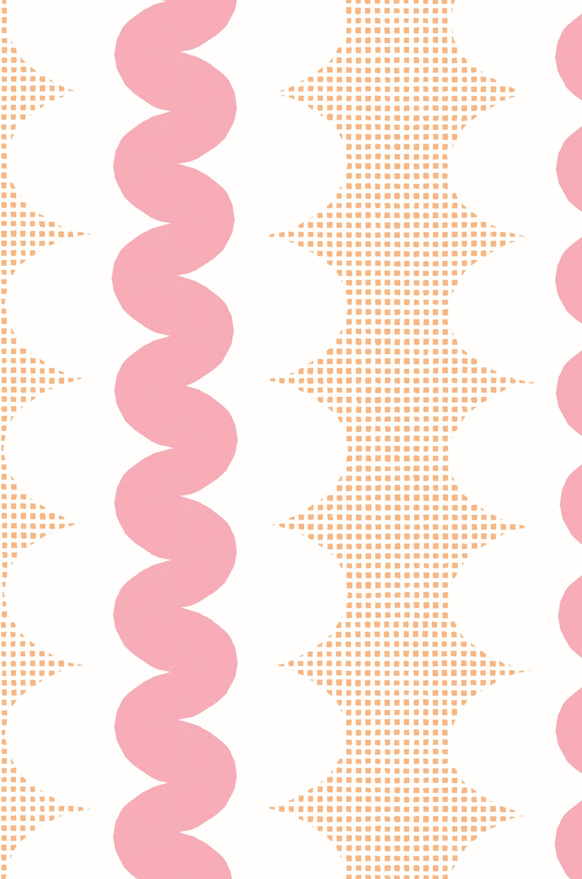 A repeating geometric pattern featuring vertical pink wavy stripes, peach square grid shapes, and white scalloped arches on a white background.