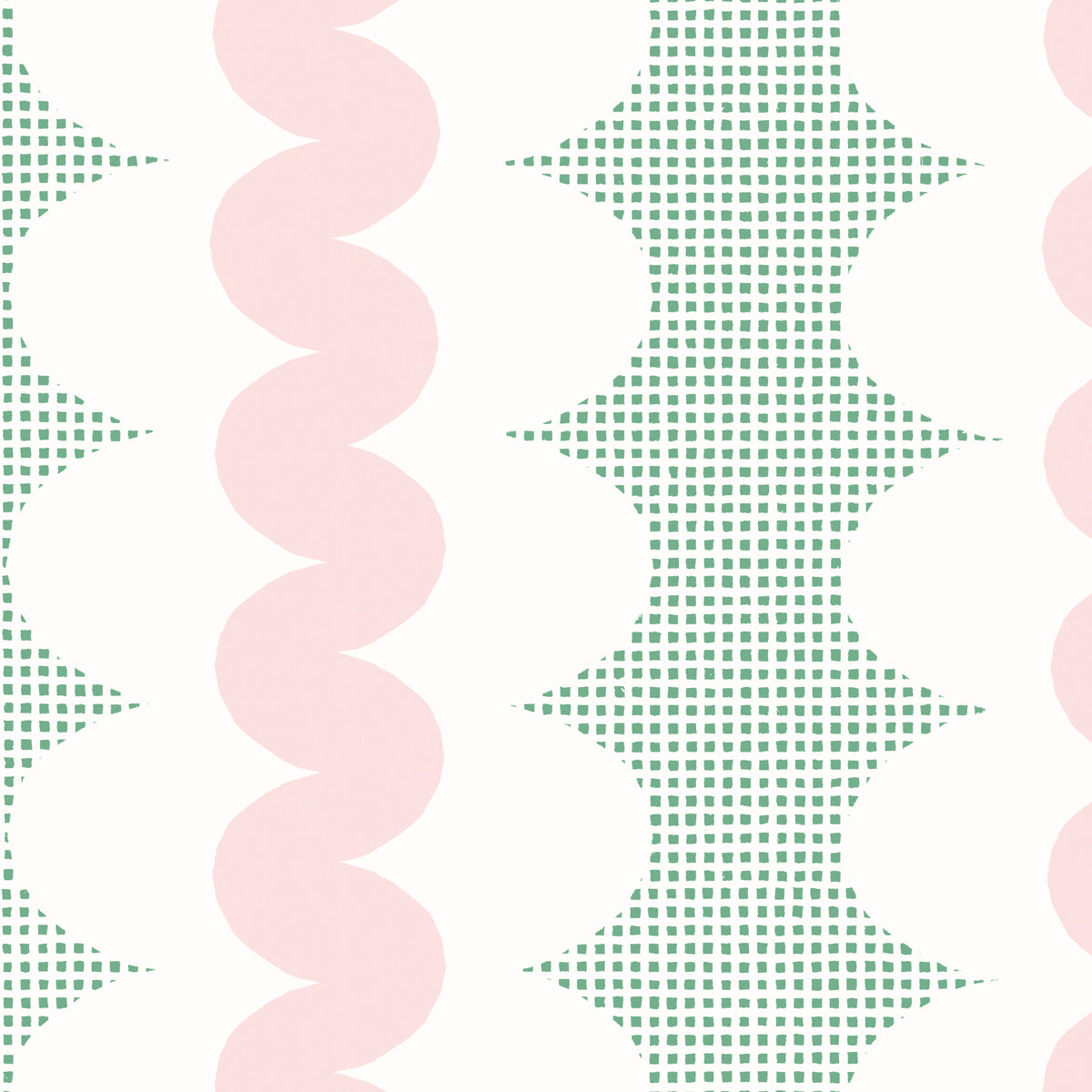 A repeating retro pattern featuring vertical stripes with scalloped edges, alternating between light pink wavy bands, green square grid, and white oval scallops.