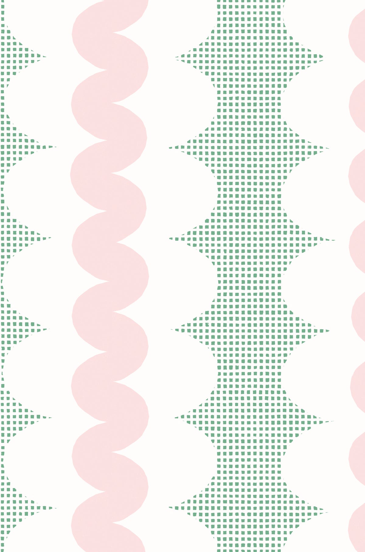 A repeating retro pattern featuring vertical stripes with scalloped edges, alternating between light pink wavy bands, green square grid, and white oval scallops.