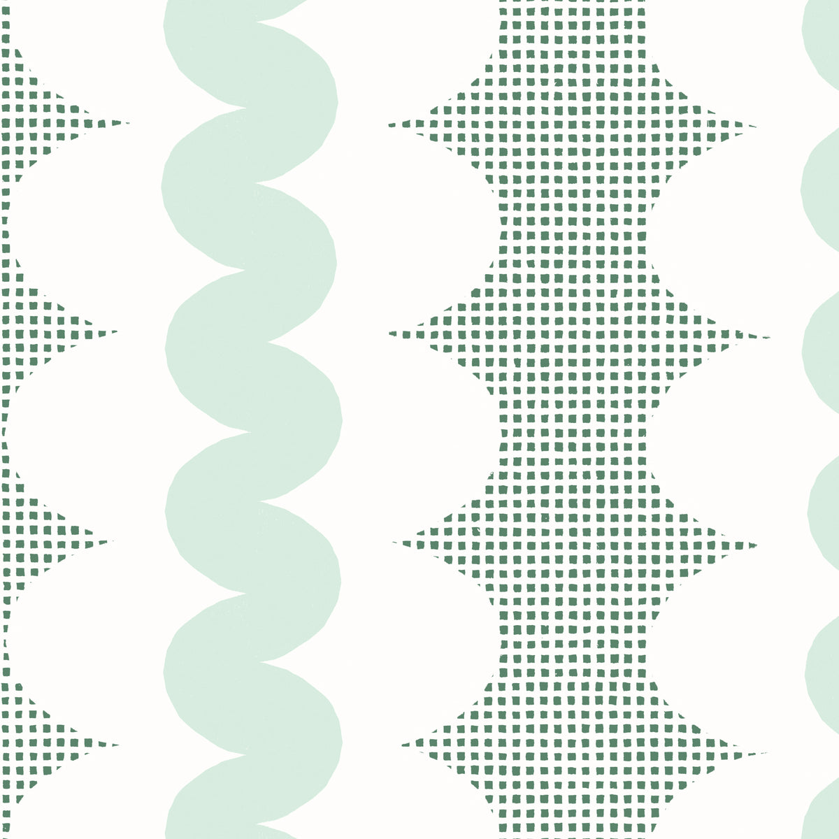 A repeating vertical pattern featuring mint green wavy stripes, white scalloped shapes, and dark green square grid on a white background.