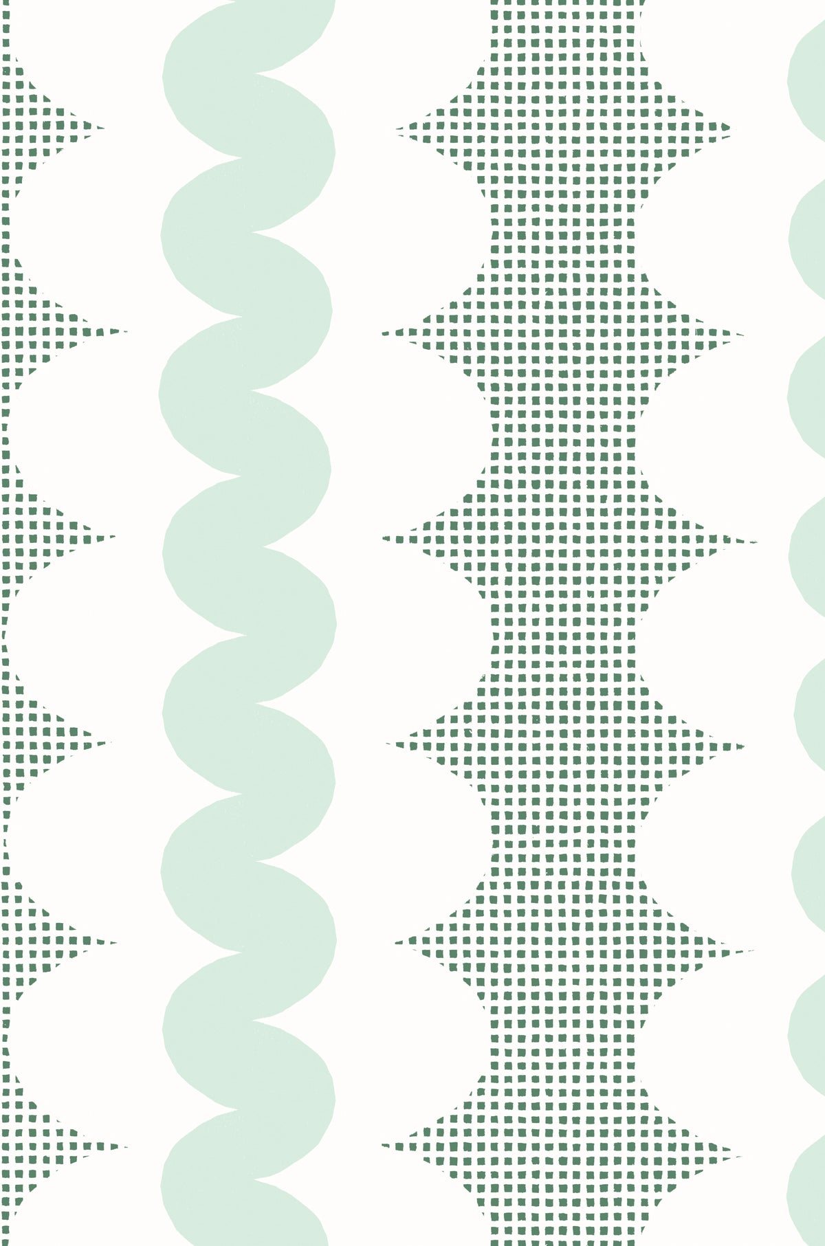 A repeating vertical pattern featuring mint green wavy stripes, white scalloped shapes, and dark green square grid on a white background.