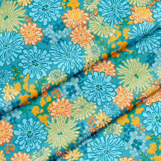 Zinnia and Snap Dragon Floral Teal Blue