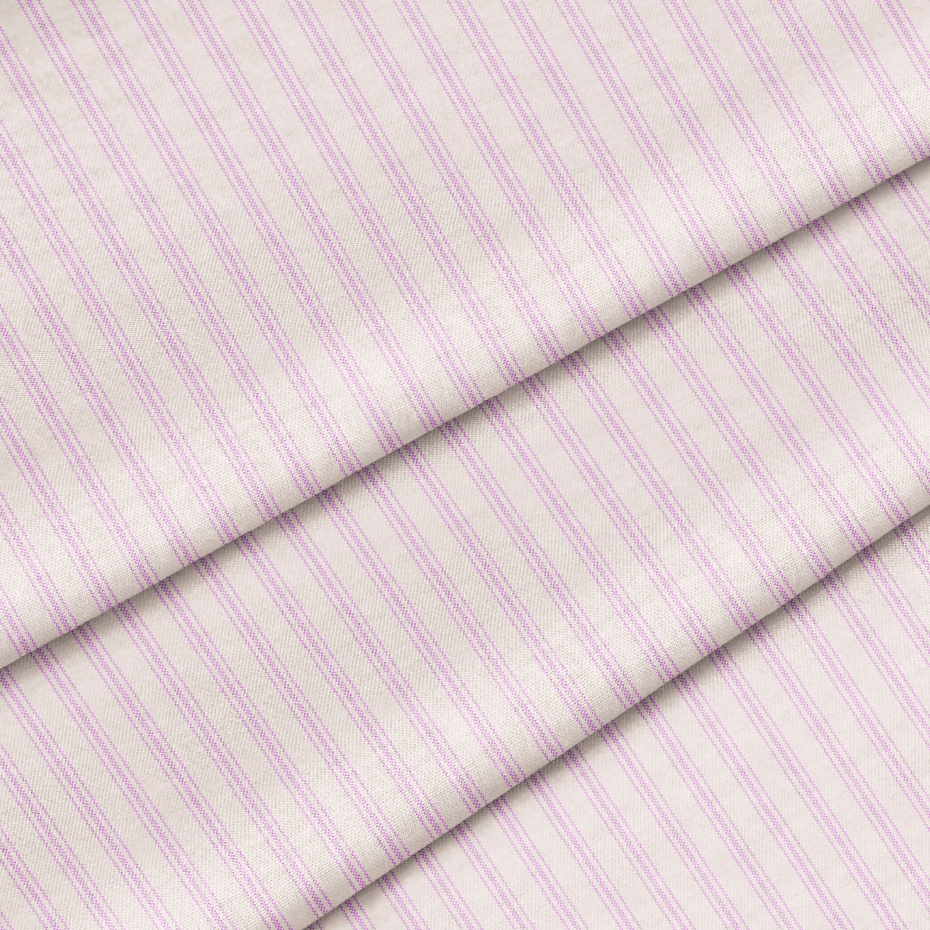 A close-up of a lilac-colored fabric with a classic ticking stripe pattern.