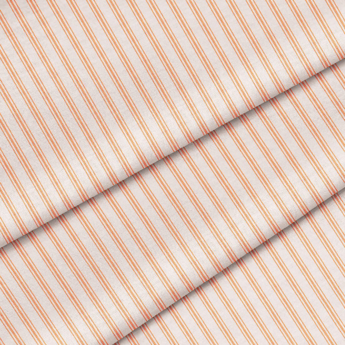A close-up image of an orange and white striped ticking fabric. The fabric is folded onto itself.