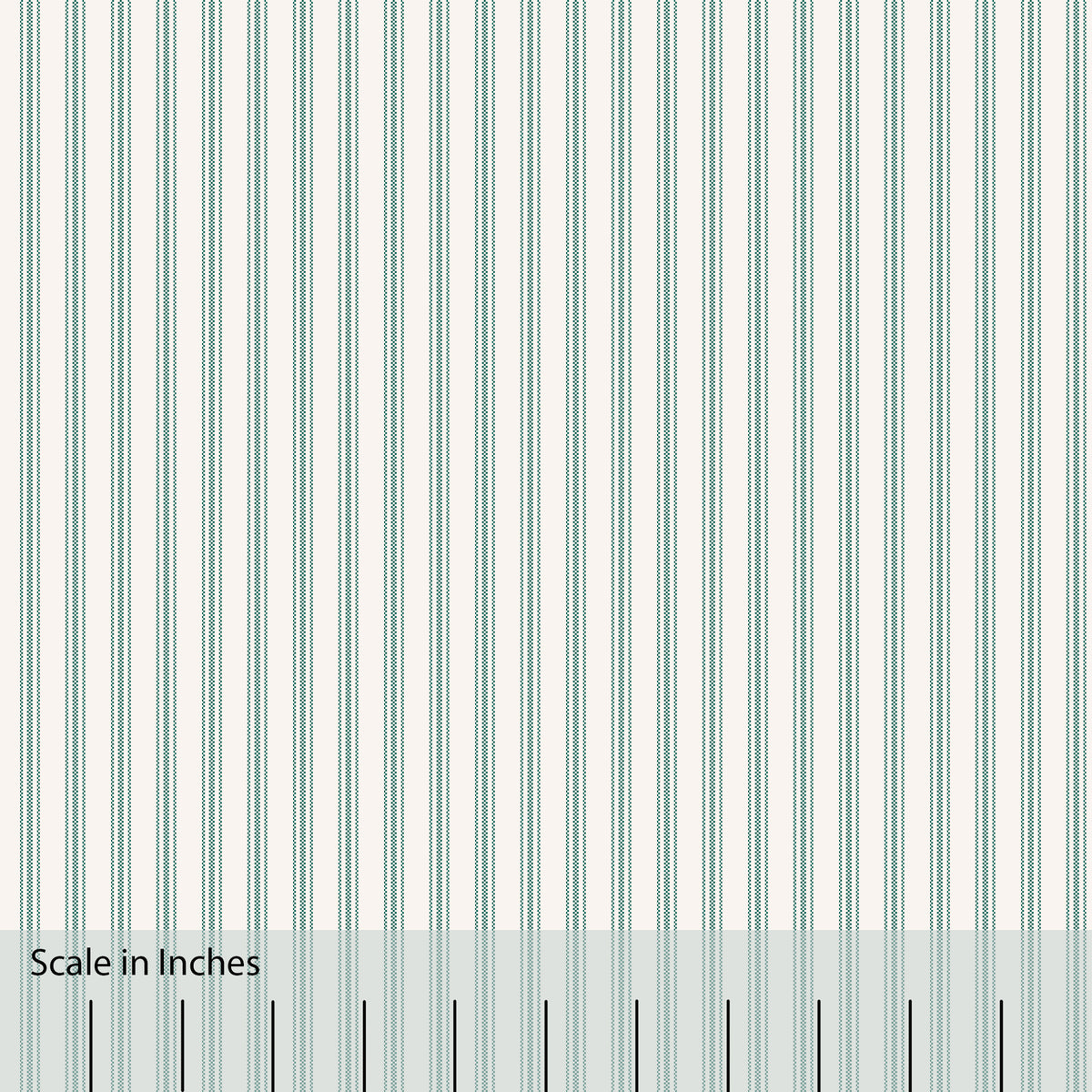 Classic Mattress Ticking stripe in british racing green with an overlaid inch scale.