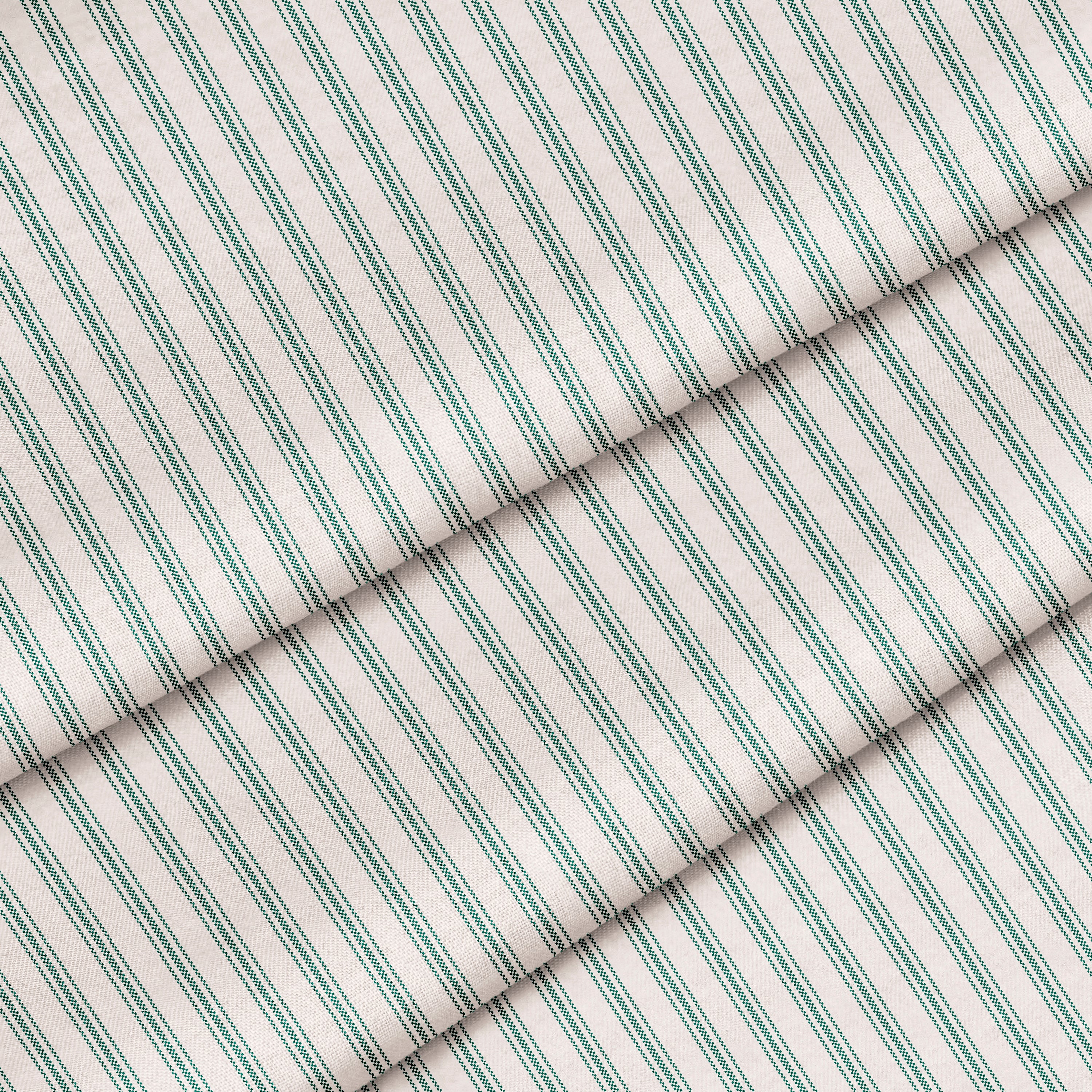 A close-up of a striped fabric featuring alternating green and white stripes. The fabric is folded onto itself.