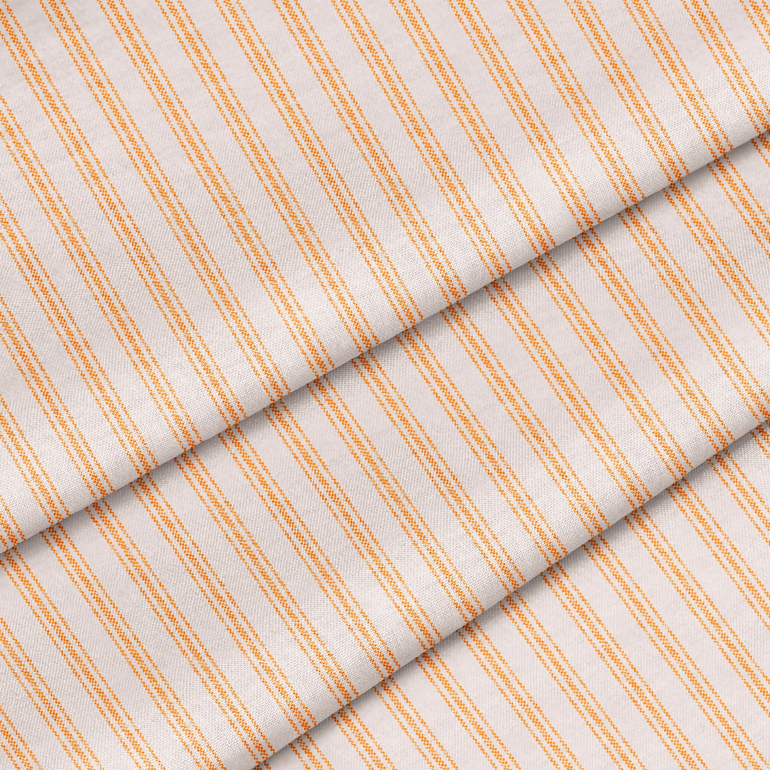 Yardage of striped fabric with saffron and marigold colors, showing the texture and pattern repeat.
