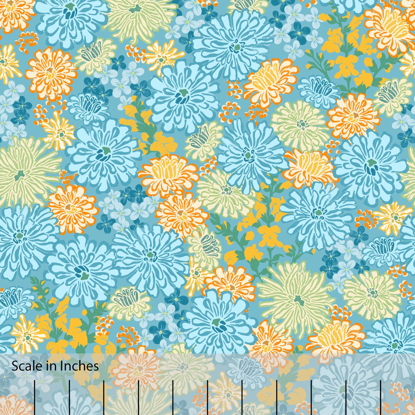 Zinnia and Snap Dragon Floral Teal Blue