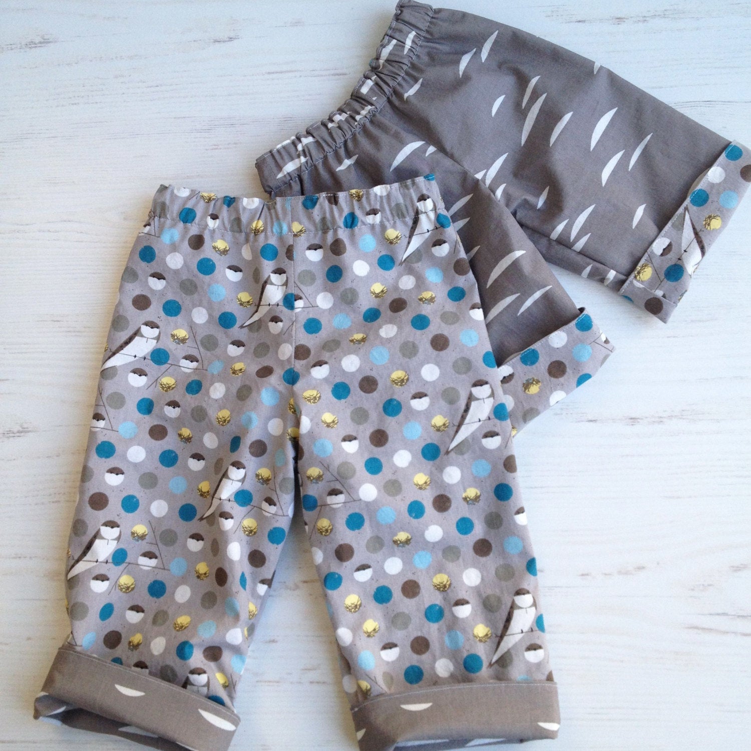 organic cotton reversible pants in barn swallow and shroom, charley harper - little girl Pearl