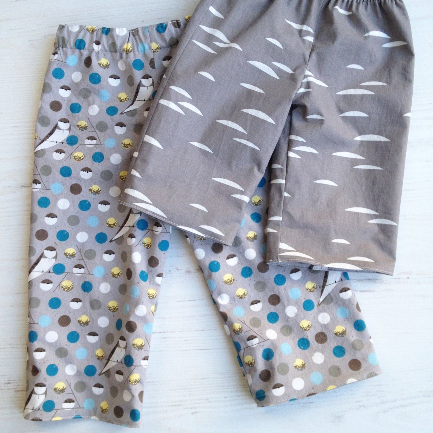 organic cotton reversible pants in barn swallow and shroom, charley harper - little girl Pearl