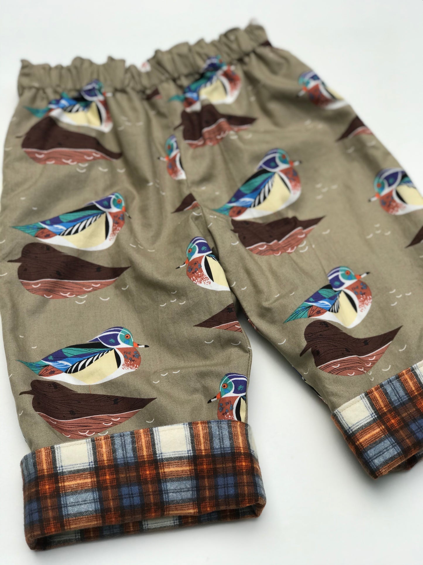 reversible flannel pants in Charley Harper wood duck - little girl Pearl